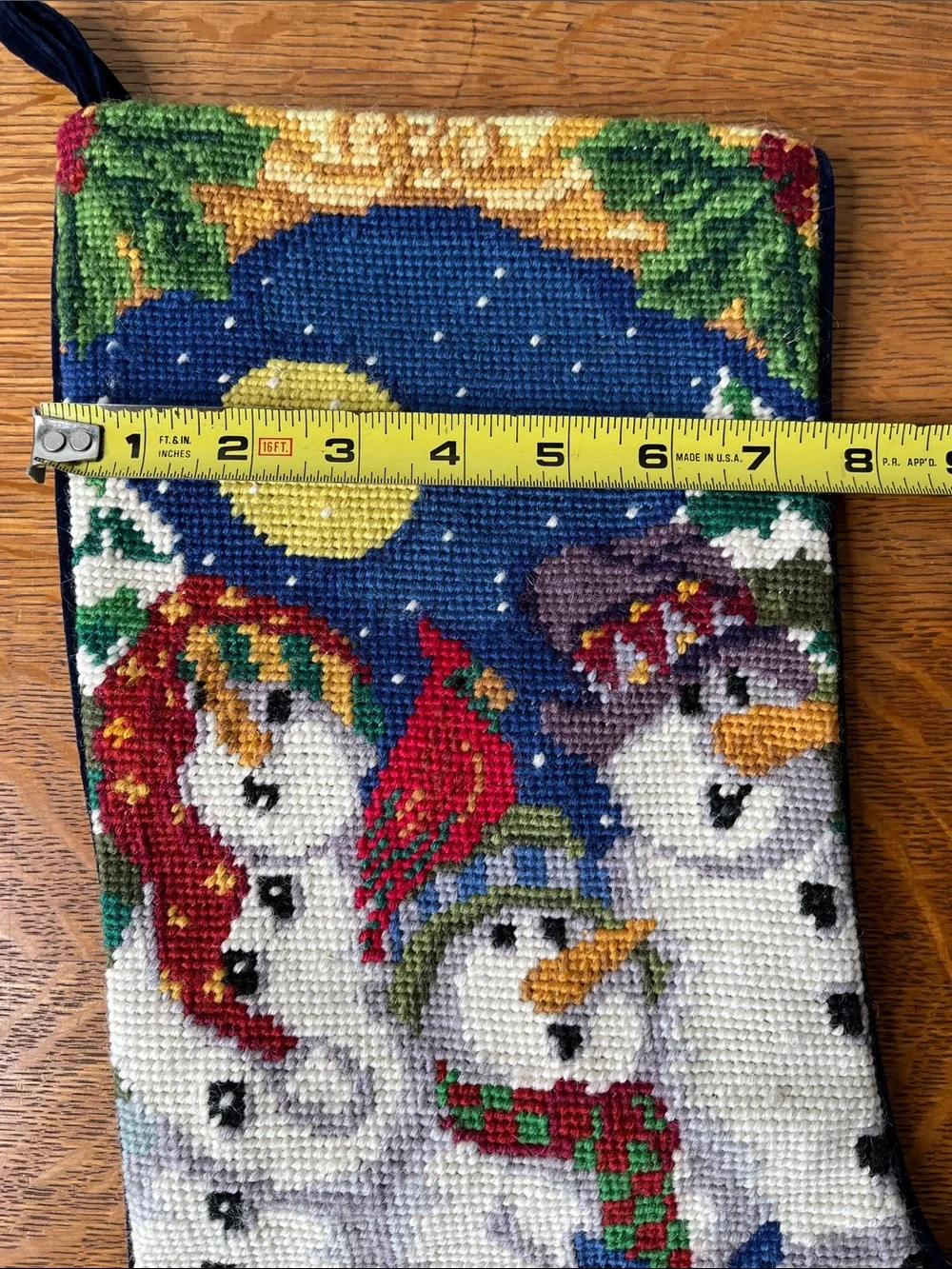Vintage Snowman cardinal Needlepoint Wool Christmas Stocking Velvet back. EUC